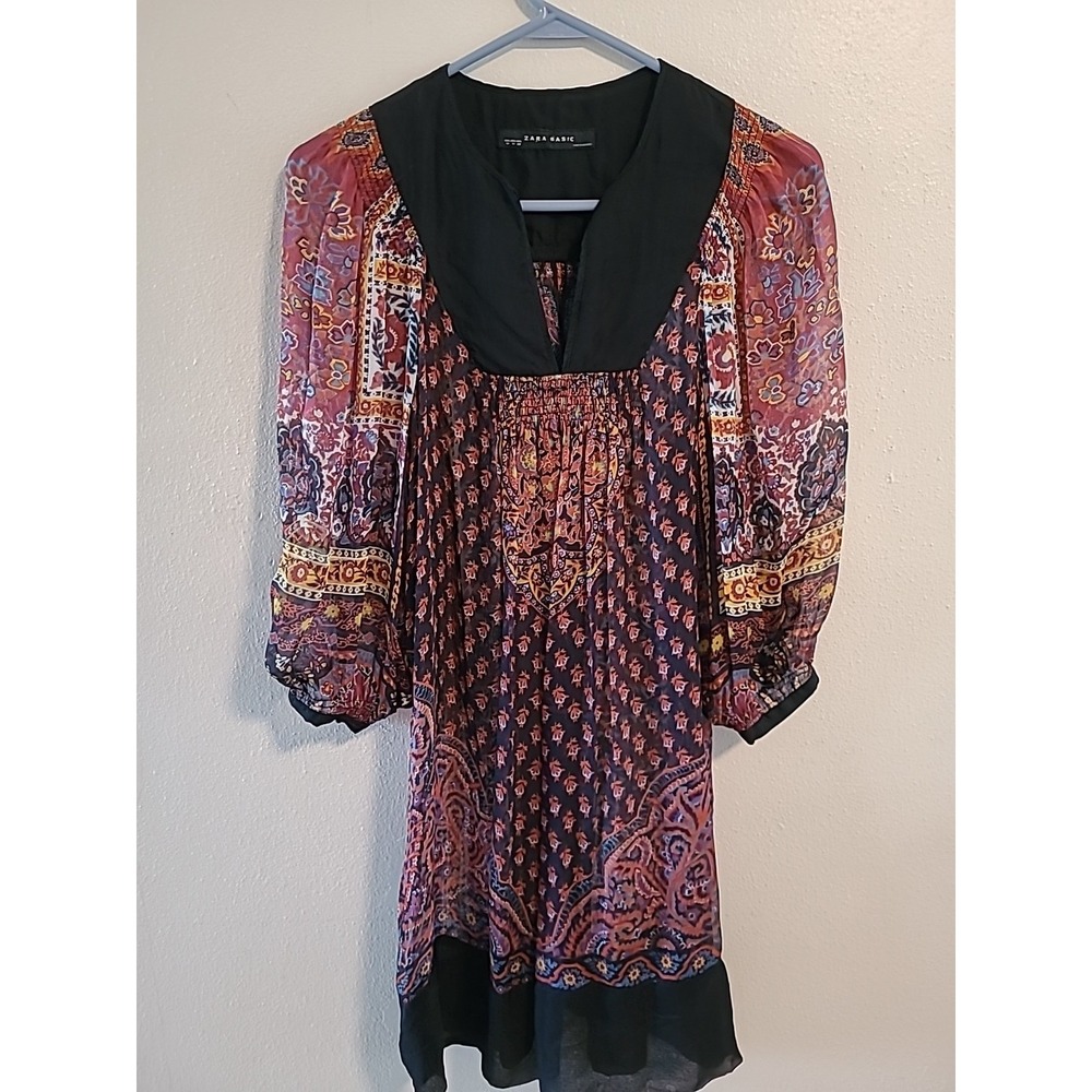 ZARA BASIC RED BLACK BLUE PRINTED SILK DRESS SZ M FLOWERS Sheer Flowy Bohemian